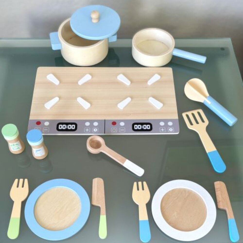 Unisex Wood Stovetop Cooking Kitchenware Dishes Playset Educational Role Play